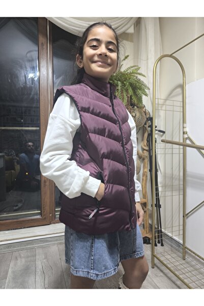 Şimo Butik Girls-Boys Children's Puffer Vest with Lining, Zippered Pockets, Water-Repellent, Windbreaker, Heat Insulation, Plum