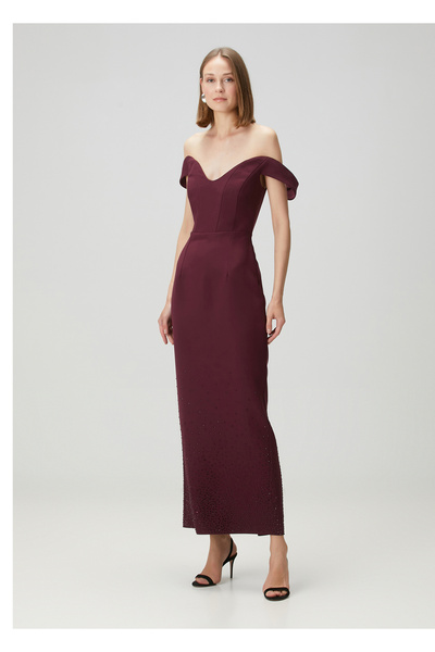Urban Muse Lagoon Bordo Taşlı Maksi Abiye Elbise