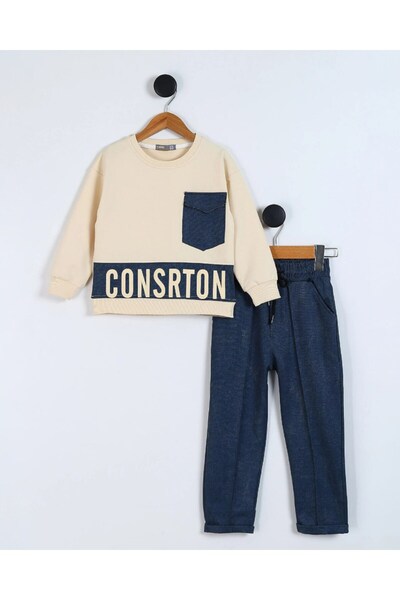 VOY KİDS Erkek Çocuk Mevsimlik Yazı Baskılı Cep Detaylı Sweatshirt ve Pantalonlu Alt Üst Şık Takım 4-11 Yaş