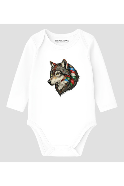ErTaPassage Gray Wolf Patterned Turkish Motif 100% Cotton Printed Baby Bodysuit Long Sleeve
