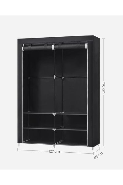 SONGMICS Textile wardrobe, 2 clothes compartments with shelves, metal frame, 127x45x176 cm, black
