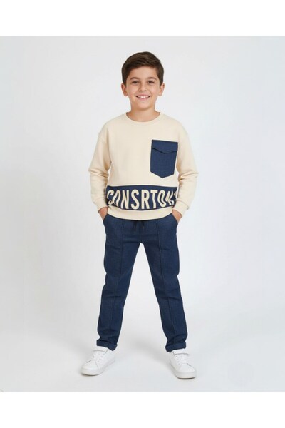 VOY KİDS Erkek Çocuk Mevsimlik Yazı Baskılı Cep Detaylı Sweatshirt ve Pantalonlu Alt Üst Şık Takım 4-11 Yaş