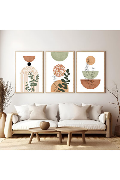 ARTCASTLE 3'lü Tablo Seti Ahşap Çerçeveli Tablo Green Mid Century