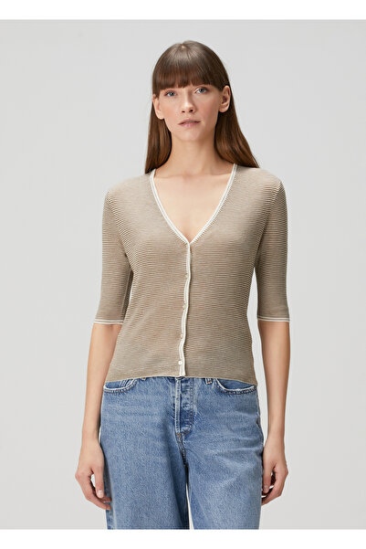 Vince Bej Beyaz Çizgili Yün Triko Hırka