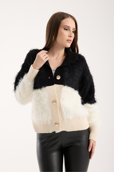 Moda Days Women's Black-Ecru Beard Yarn Two-Tone Gold Buttoned Stand-Up Collar Knitwear Cardigan