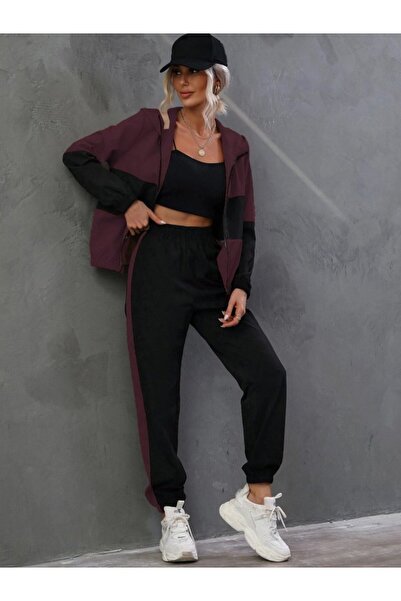 modaserdem Women's Long Sleeve Hooded Front Zipper Viscose Two Thread Blouse and Pants Two-Piece Set