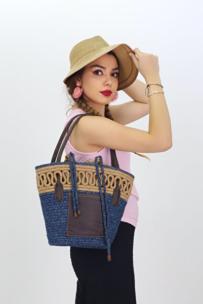 NEŞELİ HOME Jutty Cobalt Blue Straw Beach Bag with Tan Leather Handles, Macra...