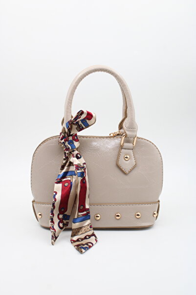 LASSO Kadın Bej Mini Fular Detaylı Parlak Rugan El ve Omuz Çantası