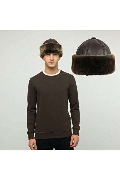 BARA Tesbih & Aksesuar El İşçiliği Hakiki Deri ve Postlu Börk-Hakiki Post İç ve Kenar Kaplama-Kahverengi