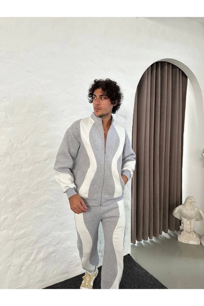 buğrahayalin Men's Premium Two-Piece Tracksuit Set - Stand-Up Collar Zip-Up Sweatshirt, - Gray