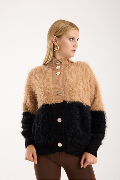 Moda Days Women's Beige-Black Beard Yarn Two-Tone Gold Buttoned Stand-Up Collar Knitwear Cardigan