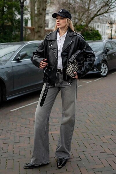 PRİFALDİ Jachetă de piele neagră pentru femei, lungă supradimensionată