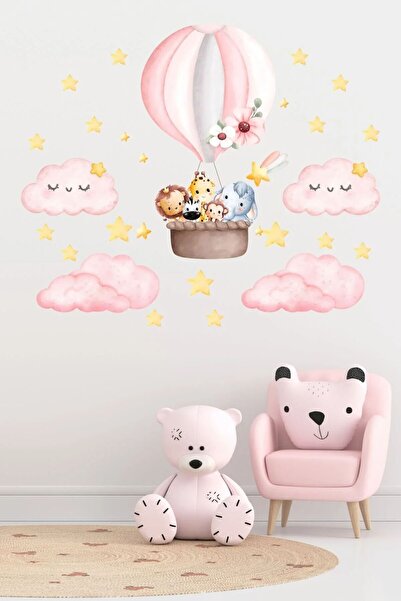 WALLHUMAN Soft Pembe Uçan Balon ve Sevimli Hayvanlar Çocuk Odası Duvar Sticke...