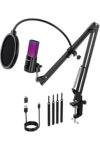 Generic Gaming USB Microphone, RGB Condenser Mic with Mute, Gain, Monitoring, Boom Arm for Streaming, Podcas