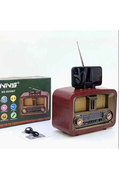 NS-6650 Büyük Boy Telefon Tutma Aparatlı Retro Ahşap Tasarım Bluetooth Hoparlörlü Radyo Fm/am
