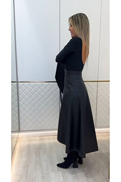 JANES Women's Belted Long Leather Skirt