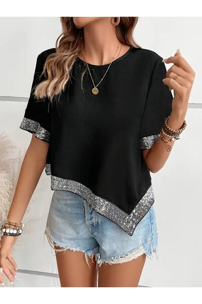 Wear Up Women's Short Sleeve Crew Neck Asymmetrical Cut Detail Sequined Crepe...