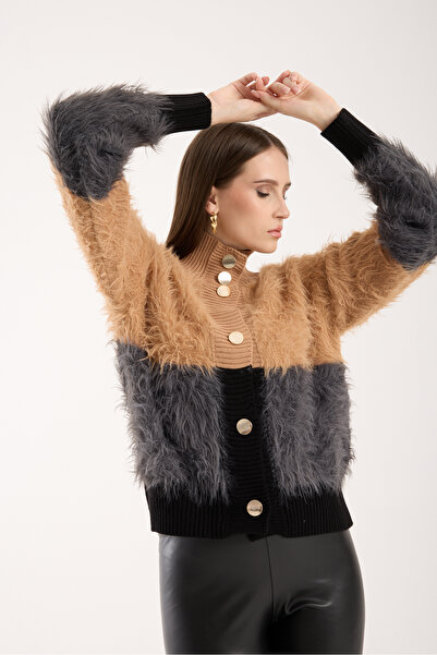 Moda Days Women's Beige-Smoked Beard Yarn Two-Tone Gold Buttoned Stand-Up Collar Knitwear Cardigan