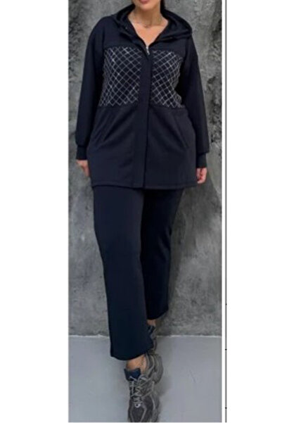 AYASOFYA OTANTIK Women's Navy Blue Sequin Embroidered Hooded Zipper Closure Jacket Elastic Waist Pants Plus Size Set