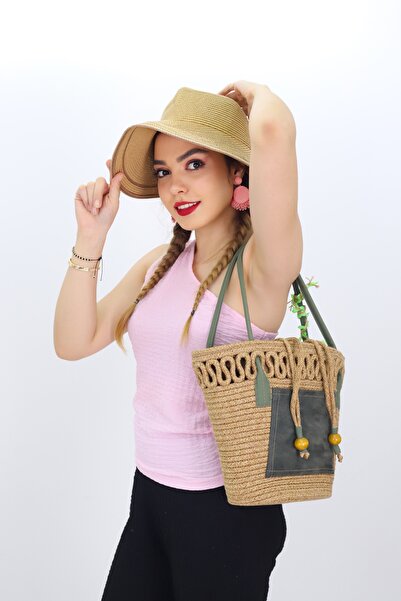 NEŞELİ HOME Jutty Jute Straw Beach Bag Dark Green Handle Drawstring Bohemian ...