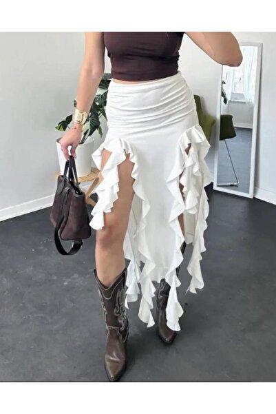 Linich&Co Ruffle Slit Long Ecru Skirt 4043
