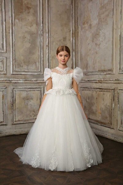By Feyza Kids Collection Kız Çocuk Dantelli Tarlatanlı Gelinlik ,Mezuniyet,Düğün Abiye