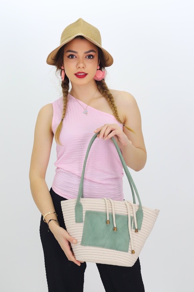NEŞELİ HOME Jutty Cream Color Rope Straw Beach Bag Water Green Handle Minimal...