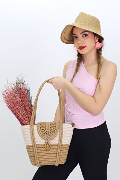 NEŞELİ HOME Jutty Ethnic Macrame Covered Rope Bag - Natural Color Block Summe...