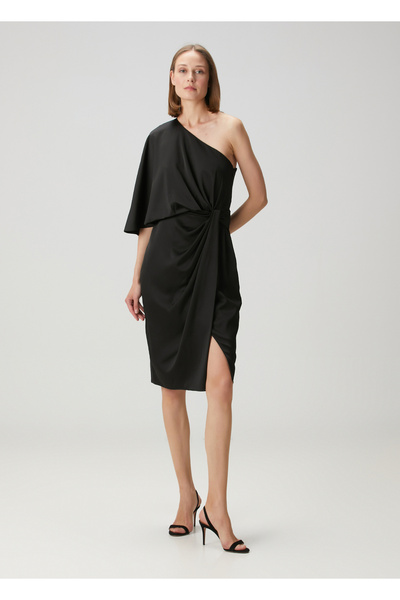 Aidan Mattox Siyah Asimetrik Kokteyl Elbise