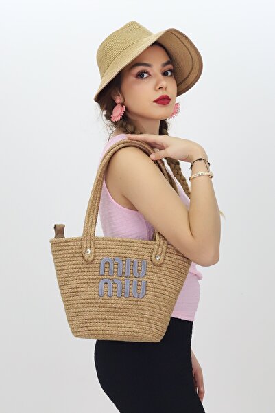 NEŞELİ HOME Jutty Miu Miu Logolu Mini Hasır Çanta - Fermuarlı Yazlık El ve Omuz Tote Çantası