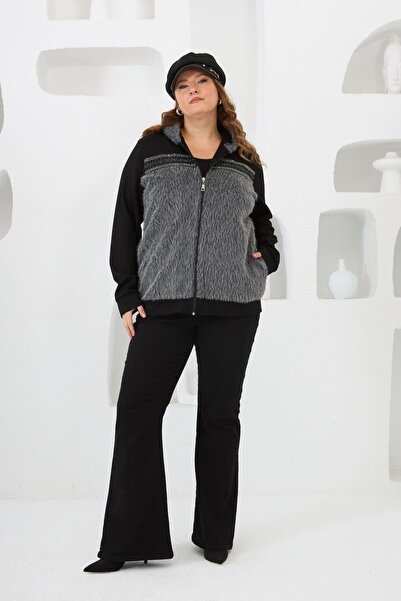 Imagine Giyim Women's Cashmere Garnished Stone Embellished Fur Plus Size Cardigan