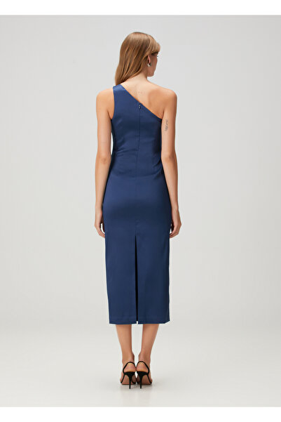 Aidan Mattox Lacivert Tek Omuzlu Midi Kokteyl Elbise