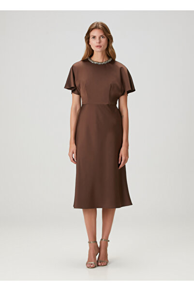 Aidan Mattox Kahverengi Midi Saten Kokteyl Elbise