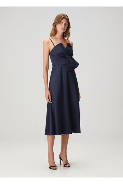 Aidan Mattox Lacivert Fiyonk Detaylı Midi Kokteyl Elbise