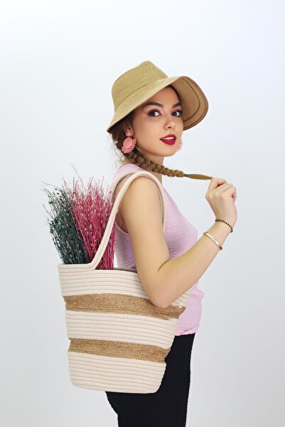 NEŞELİ HOME Jutty Two-Color Rope Straw Bag Cream and Jute Striped Summer Tote...