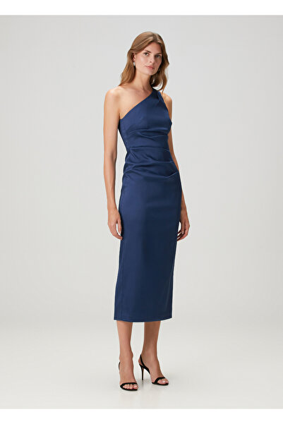 Aidan Mattox Lacivert Tek Omuzlu Midi Kokteyl Elbise