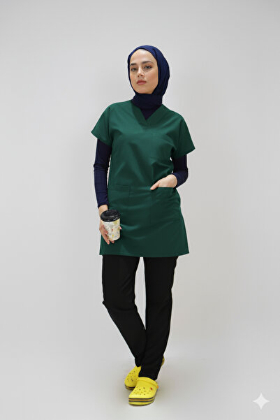 Limitless Tesettür hemşire forması tunik boy TEK ÜST doktor hemşire forması terikoton kumaş Avcı yeşili