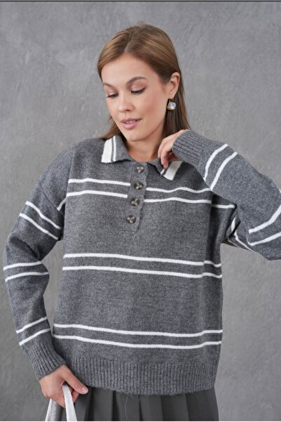 NOTCHTR Women's Gray Striped Buttoned Polo Neck Knitwear Sweater