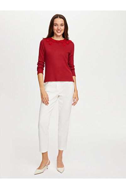 Faik Sönmez Dantel Çiçek Aplikeli Yuvarlak Yaka Kaşkorse Tshirt W26TSH070