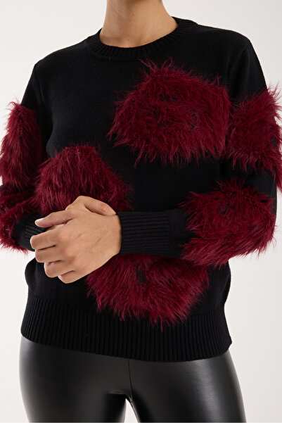 Moda Days Women's Black-Burgundy Beard Yarn Crew Neck Knitwear Sweater