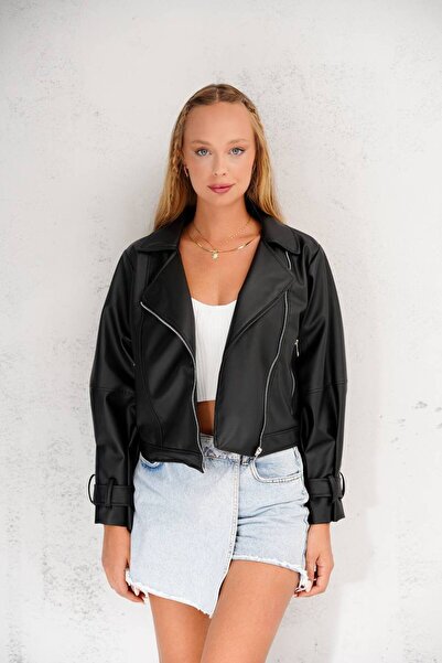 MATTİMODA Balon Kol Siyah Oversize Tarz Deri Ceket