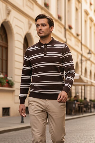 CHUBA Men's Polo Neck Buttoned Striped Knitwear Sweater Brown-White 26W2015