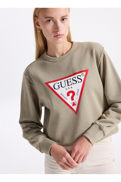 Guess Yuvarlak Yaka Baskılı Yeşil Kadın Sweatshırt Original Fleece Kadın Swea...