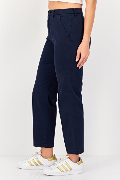 Reiko Women Cropped Fit Plain Chino Pants, Dark Navy