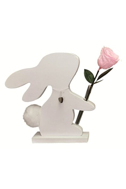 OEM Vază decorativă în formă de iepuraș, albă, cu floare criogenată (trandafir roz), 30 cm