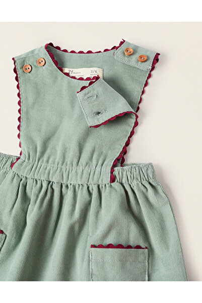 Ziddy Corduroy Pinafore Dress for Newborn Girls, Green/Burgundy