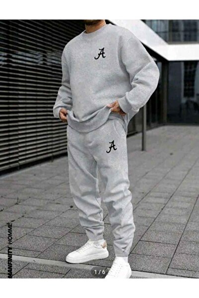 LAYORA 2-Piece Men's Tracksuit Set – Gray Oversized Sweatshirt and Sweatpants