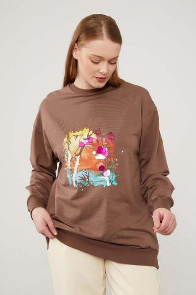 Levidor Coffee Sequin Embroidered Printed Sweatshirt
