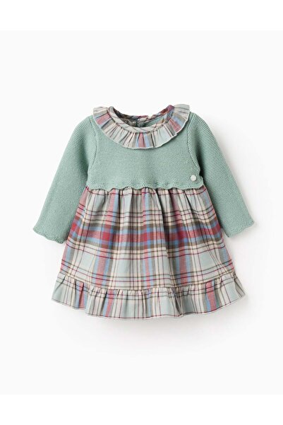 Ziddy Dual-fabric Dress with Check for Newborn Girls 'B&S', Green