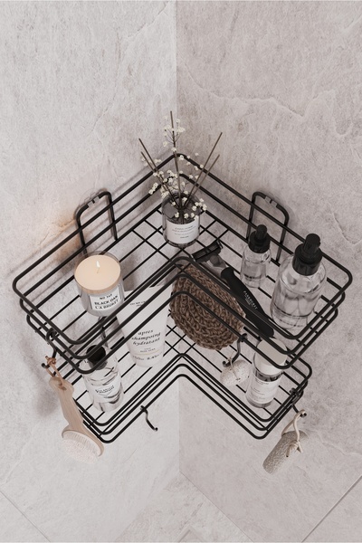 EVA METAL TASARIM رف زاوية لاصق للحمام مكون من قطعتين، حامل شامبو للدش، منظم للحائط، رف تنظيم معدني أسود